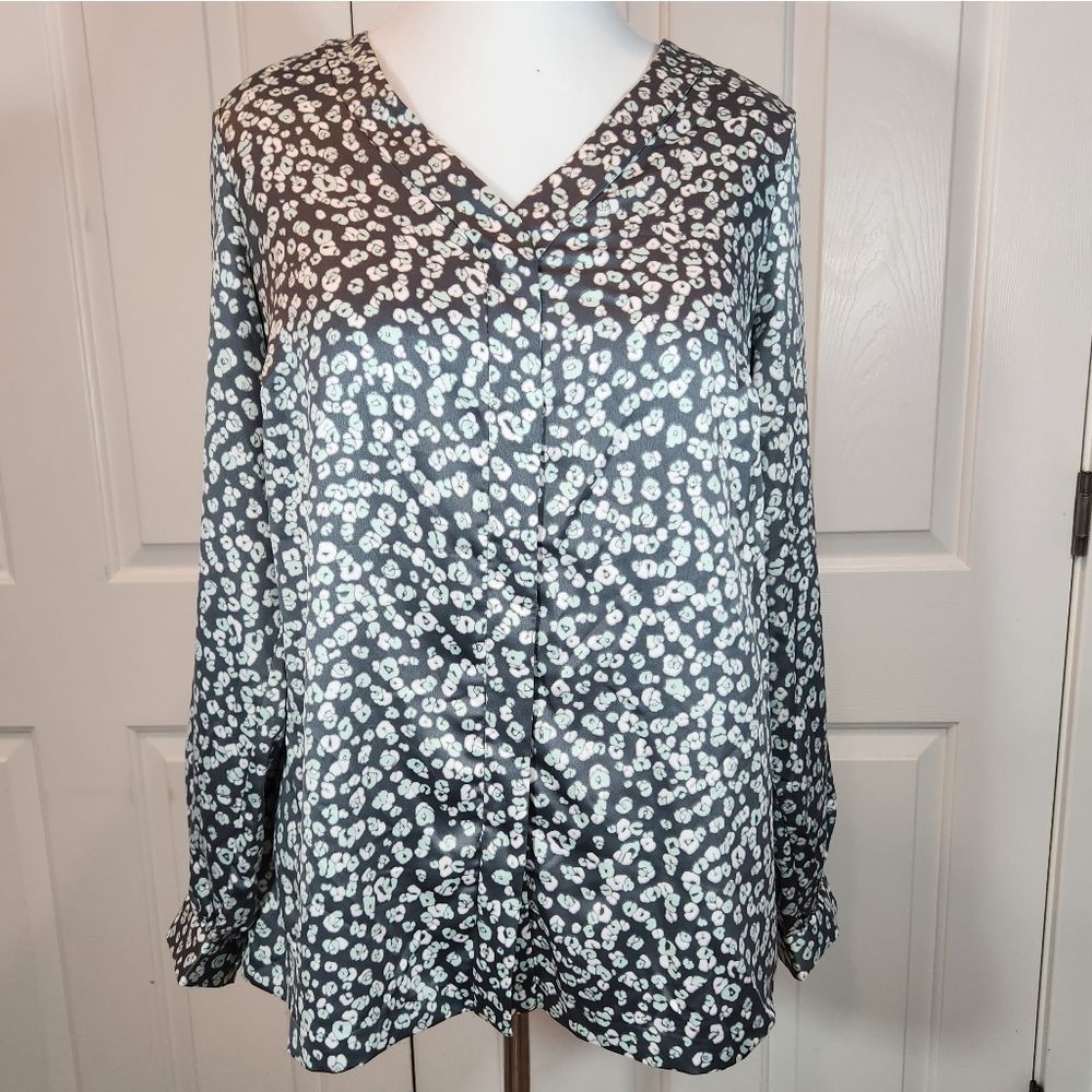 Alfani grey floral long sleeve button up blouse silky feel 100% polyester